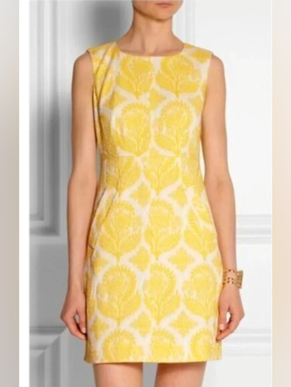 Diane von Furstenberg Yellow Carpreena Mini Dress Jacquard Sheath Pockets Sz 10